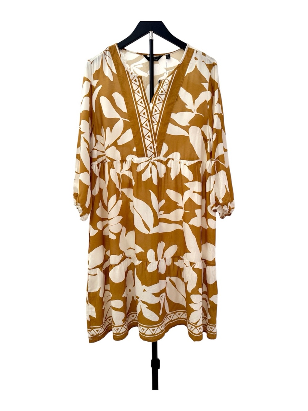 Mlle Gabrielle Mustard and White Floral V-Neck Tiered Midi Dress
